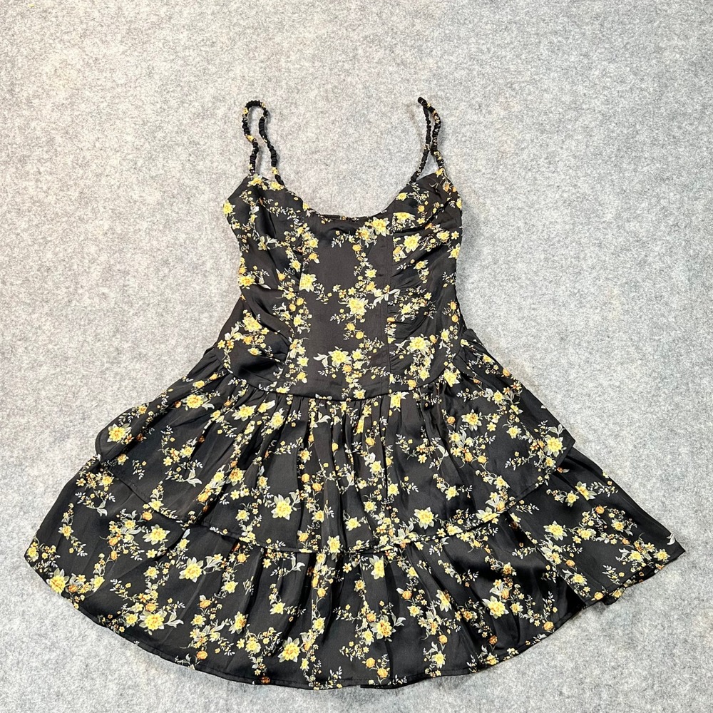 Olivaceous Dress Womens S Black Yellow Floral Tiered Ruffle Mini Jeni Floral